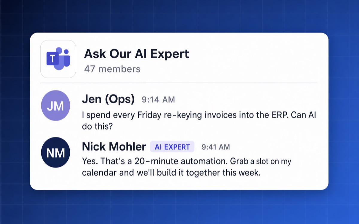 Someone on the team asking an AI expert a question in their chat channel