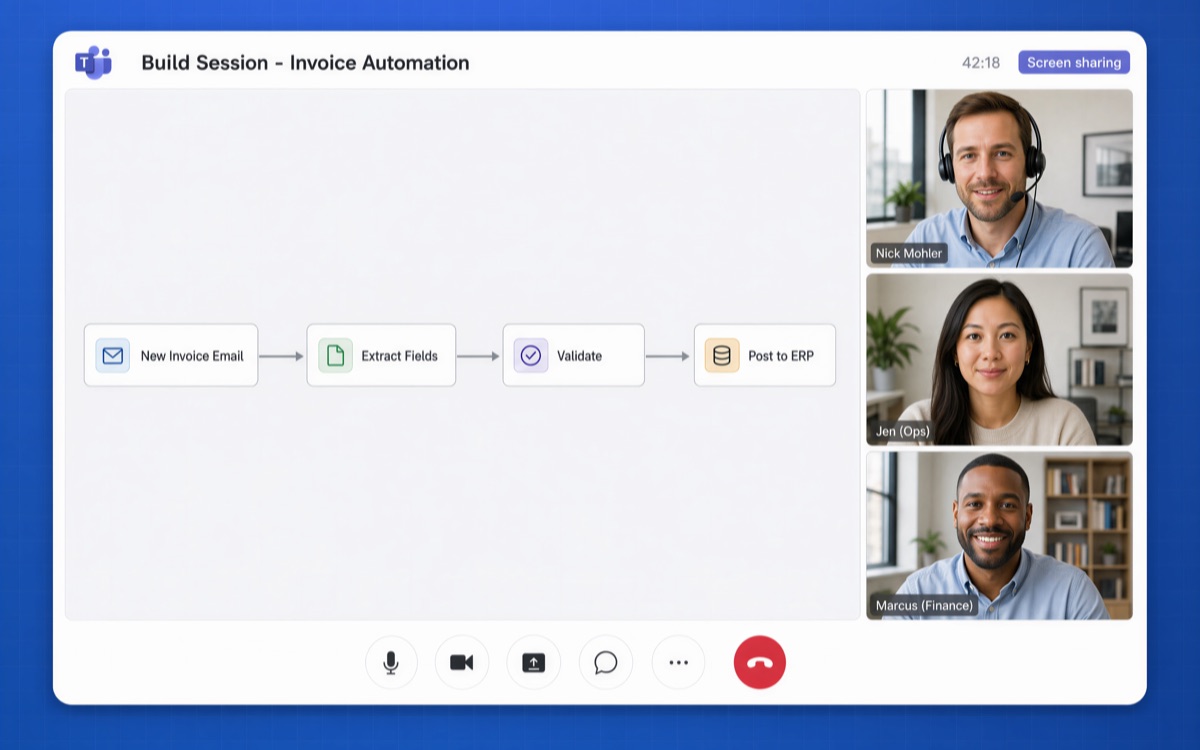 A working session where an expert and a client team build an automation together