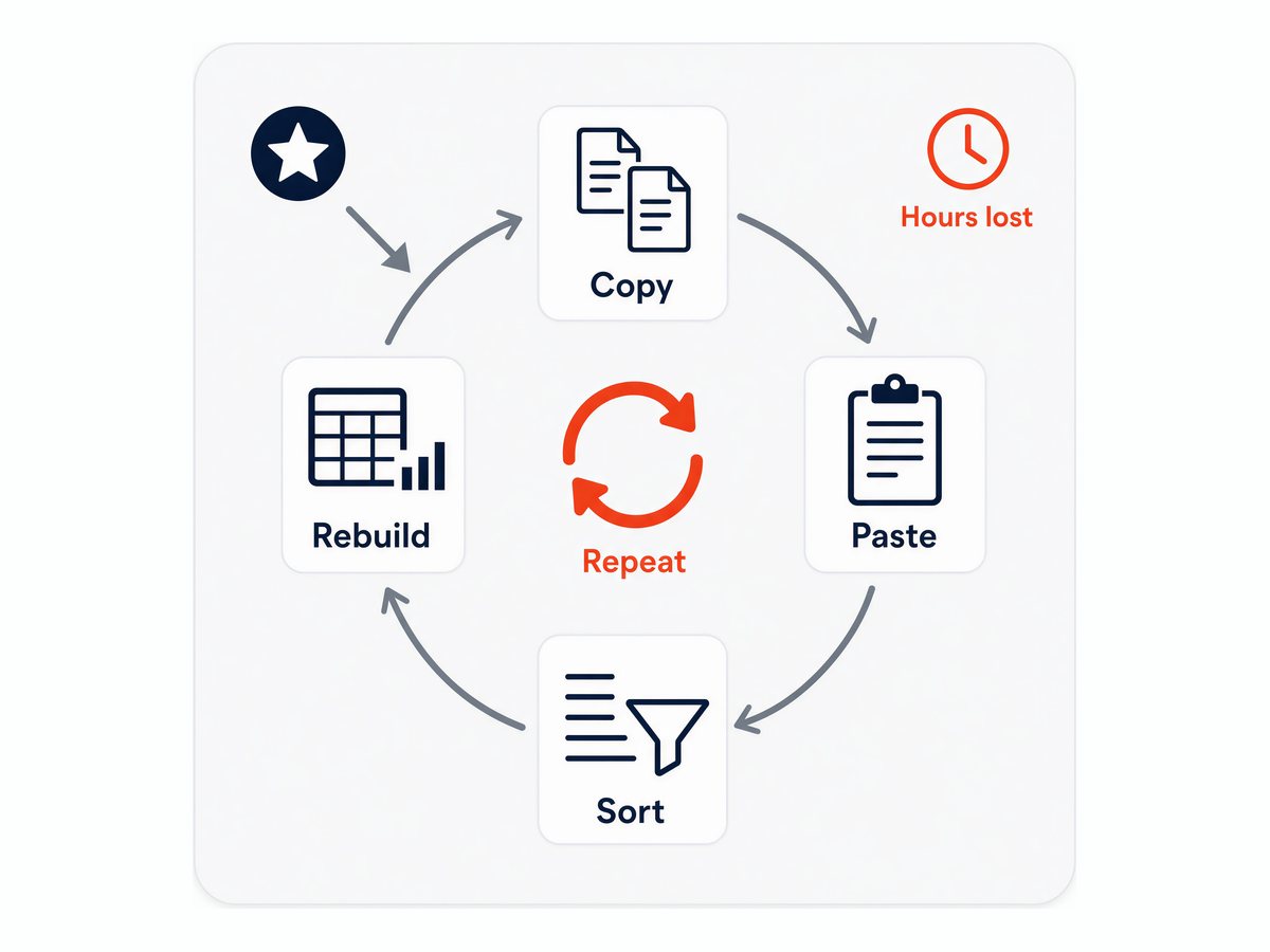 The copy, paste, sort and rebuild loop your team repeats every week, and the hours it costs